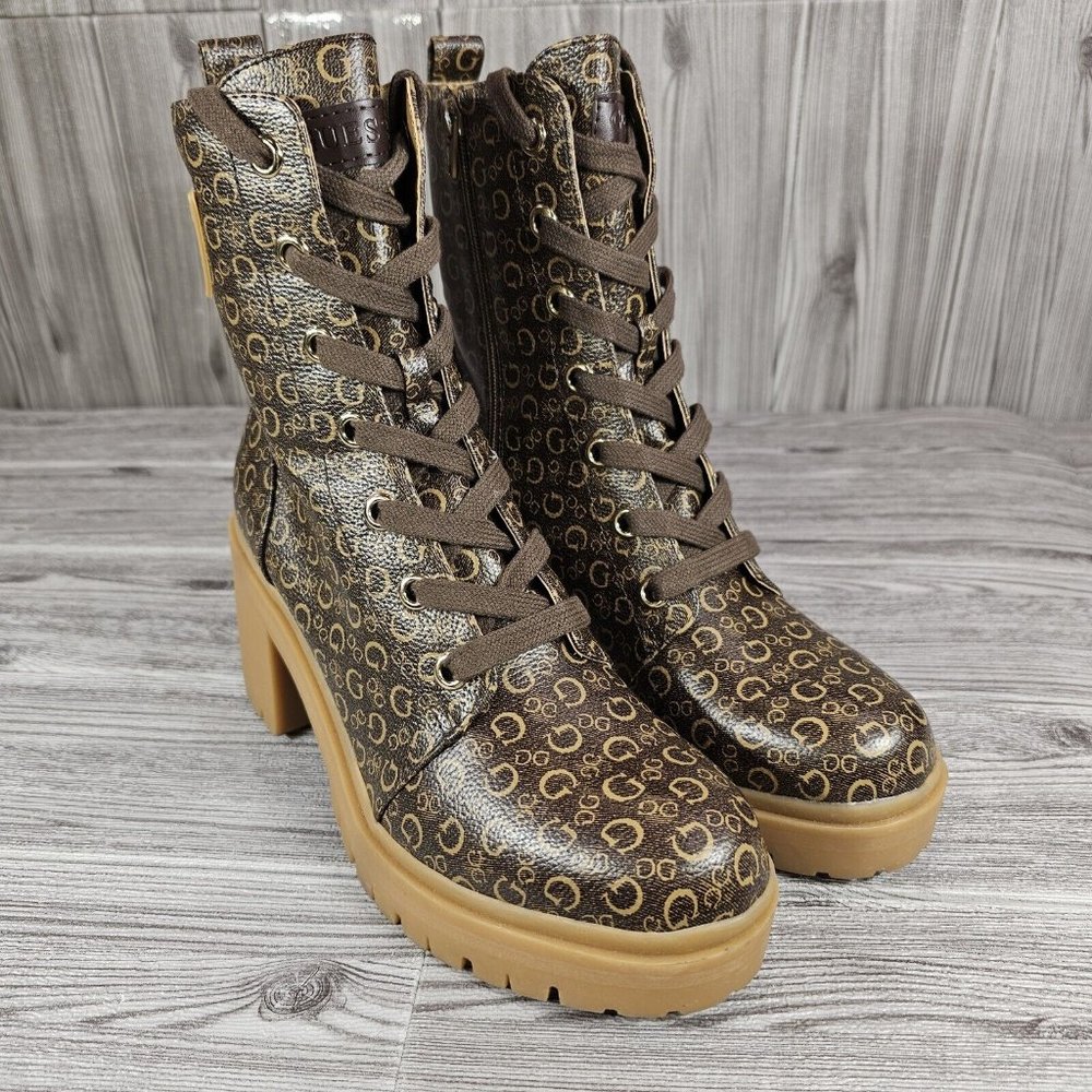 Guess Quincy 3 Logo Heeled Boots - Brown/Tan - DSLRT06K - Women's Size 9.5 NEW